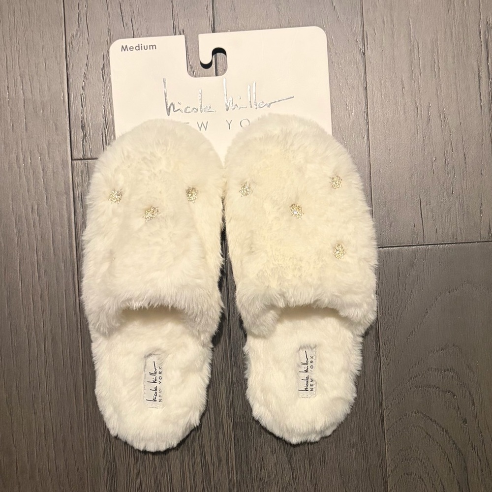 Nicole Miller White Furry Slippers